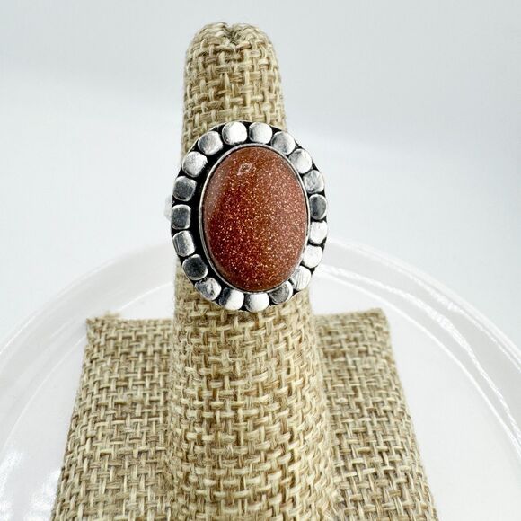 Vintage Goldstone Ring Silver Tone Oval Cabochon Boho Statement 1970s Retro - Picture 5 of 9